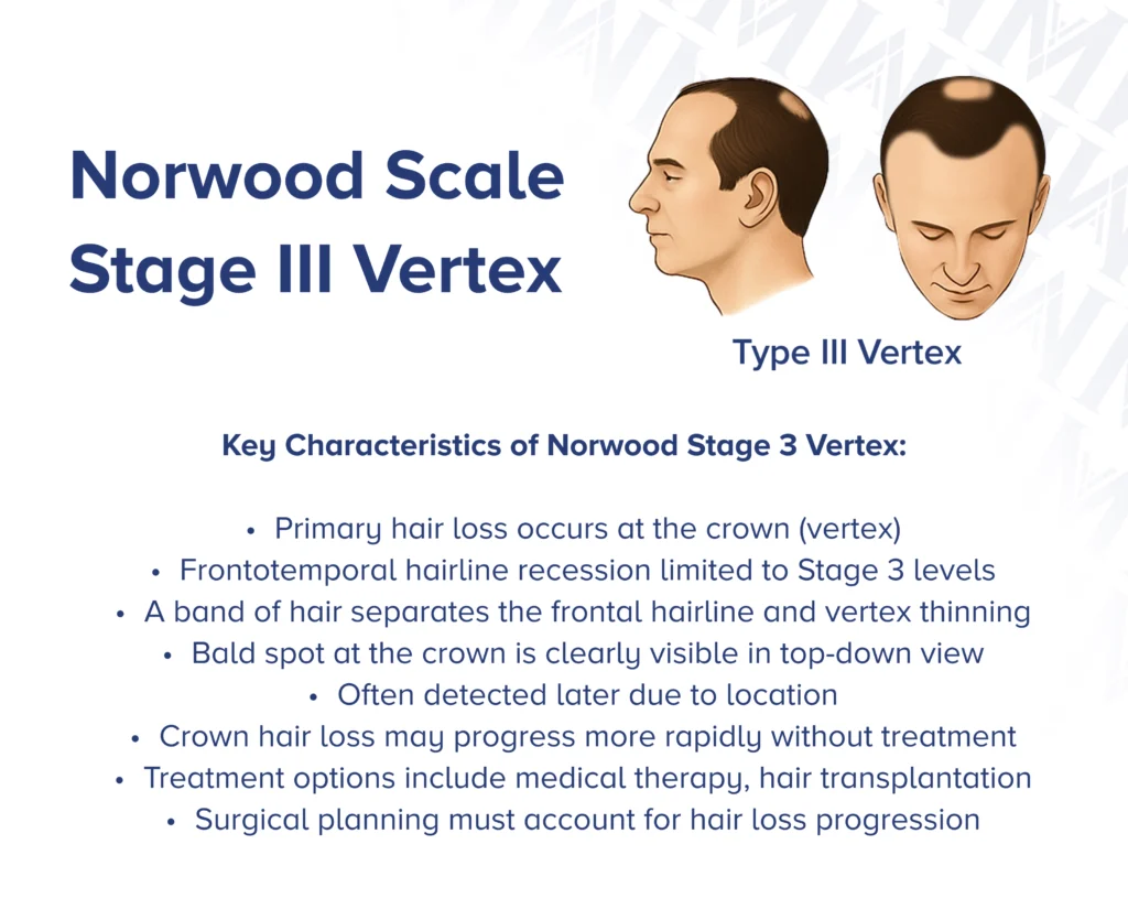 Infographic showcasing  the side profile and front view of Norwood type 3 vertex with key characteristics of the stage