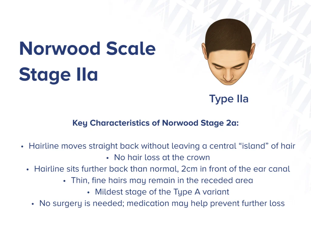 Infographic showcasing  the side profile and front view of Norwood type 2a with key characteristics of the stage