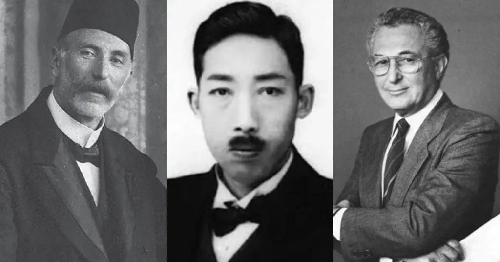 Image featuribg black and white portraits of innovators of hair transplant surgery, in order from left to right, Dr. Menahem Hodara, Dr. Shoji Okuda, Dr. Norman Orentreich