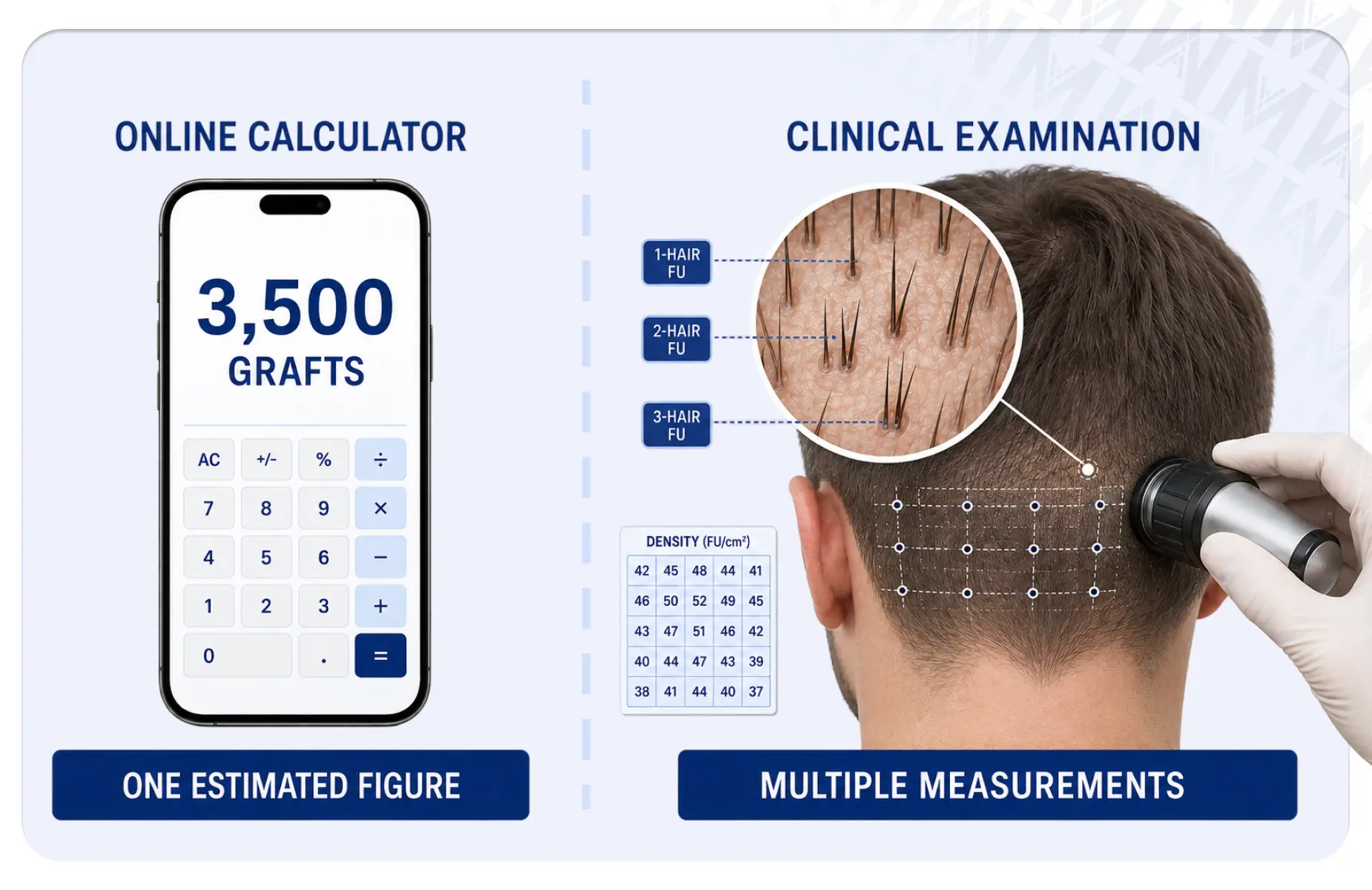 Greft hesaplayıcının klinik ölçüme karşı ne kadar doğru olduğunu gösteren infografik, saç nakli değerlendirmesi.